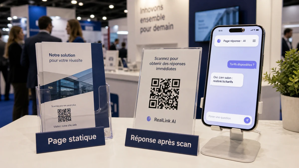 Comparaison entre un QR code vers une page d'accueil et une page de réponse IA pour un salon professionnel
