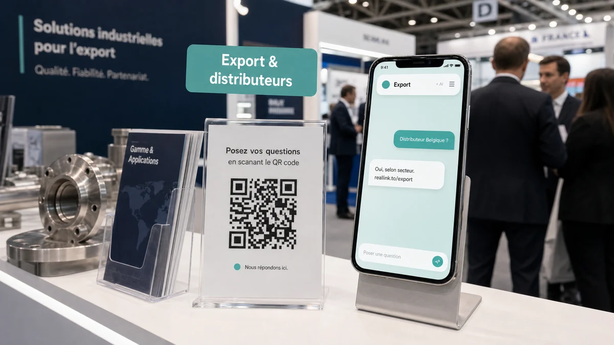Stand export de salon professionnel avec QR code et page de réponse IA pour une question de distributeur