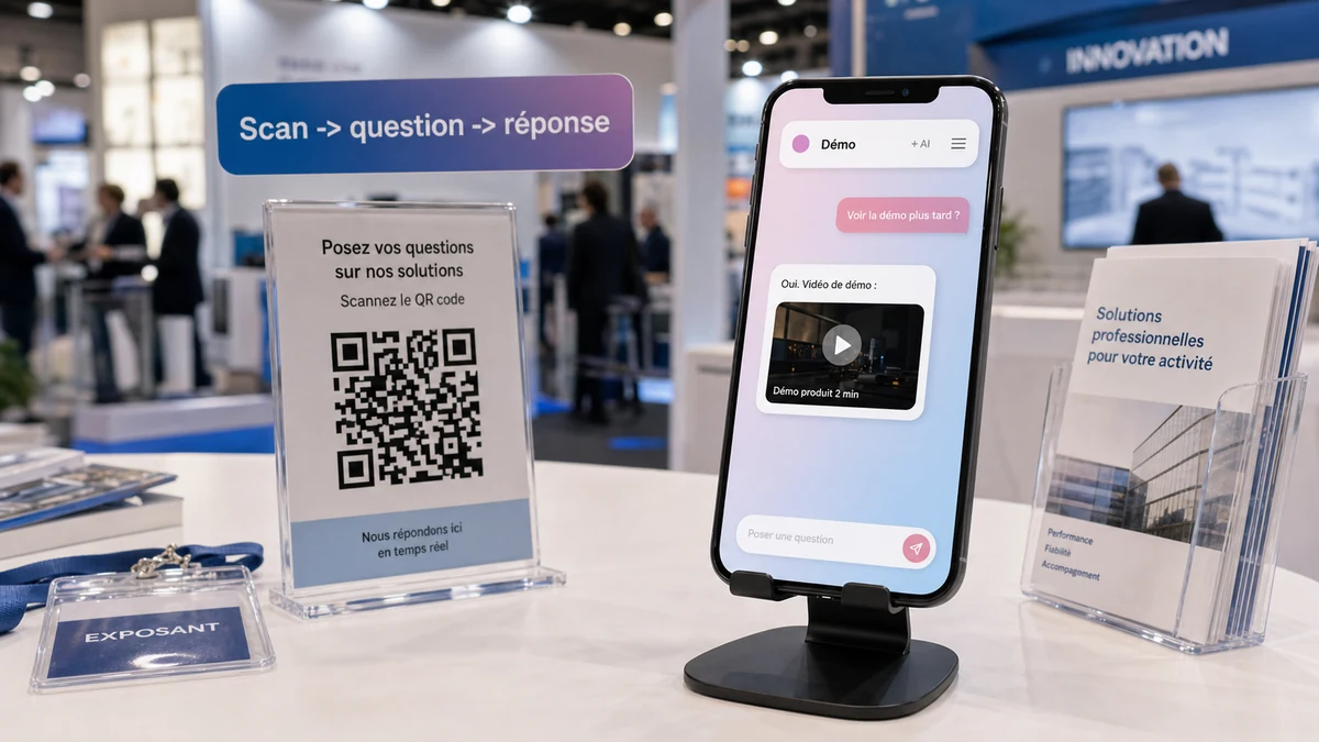 Flux RealLink AI pour salon professionnel avec scan QR question réponse et vidéo de démonstration dans la bulle de réponse