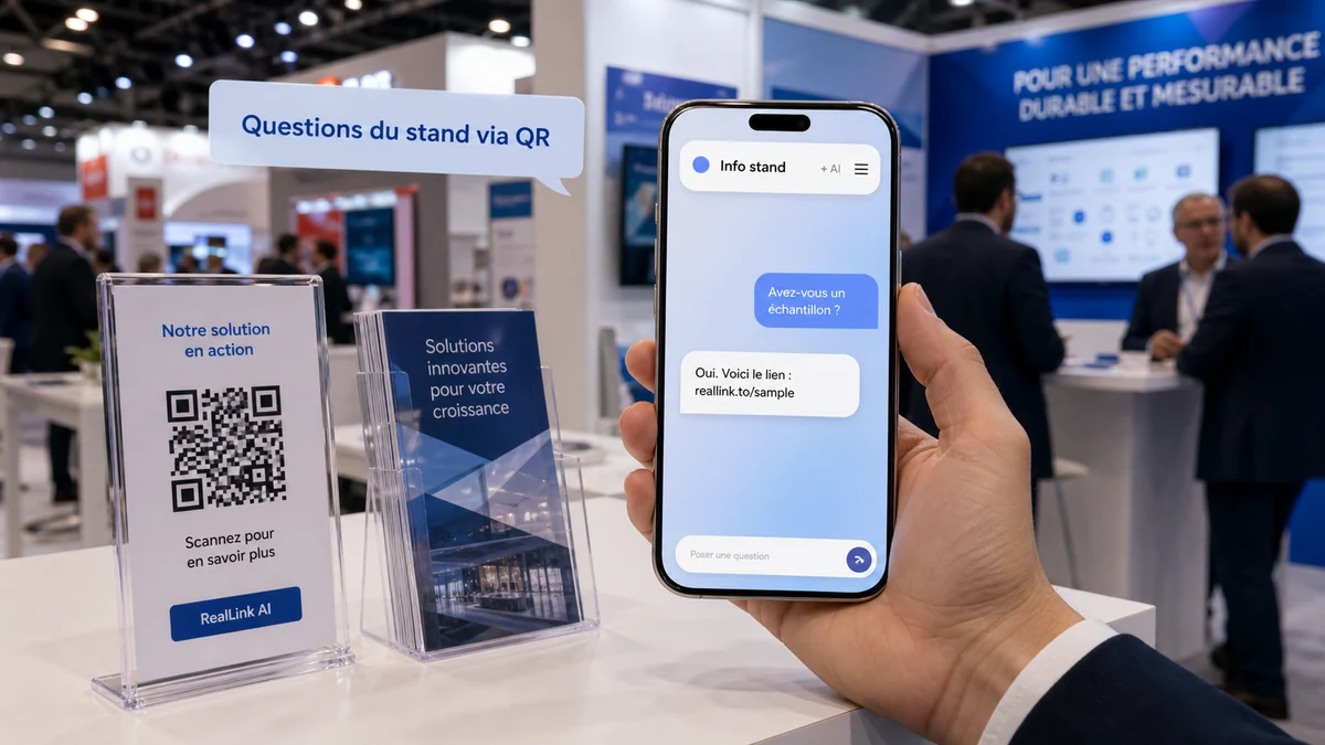 Stand de salon professionnel avec QR code et page de réponse IA