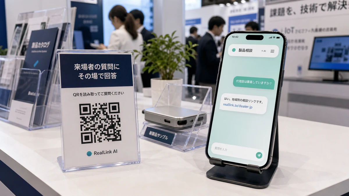日本の産業展ブースで仕様とサンプル相談をAI回答ページに案内するQRコード