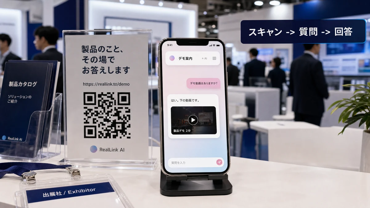 展示会QRコードをスキャンして質問しデモ動画付きの回答を受け取るRealLink AIの流れ
