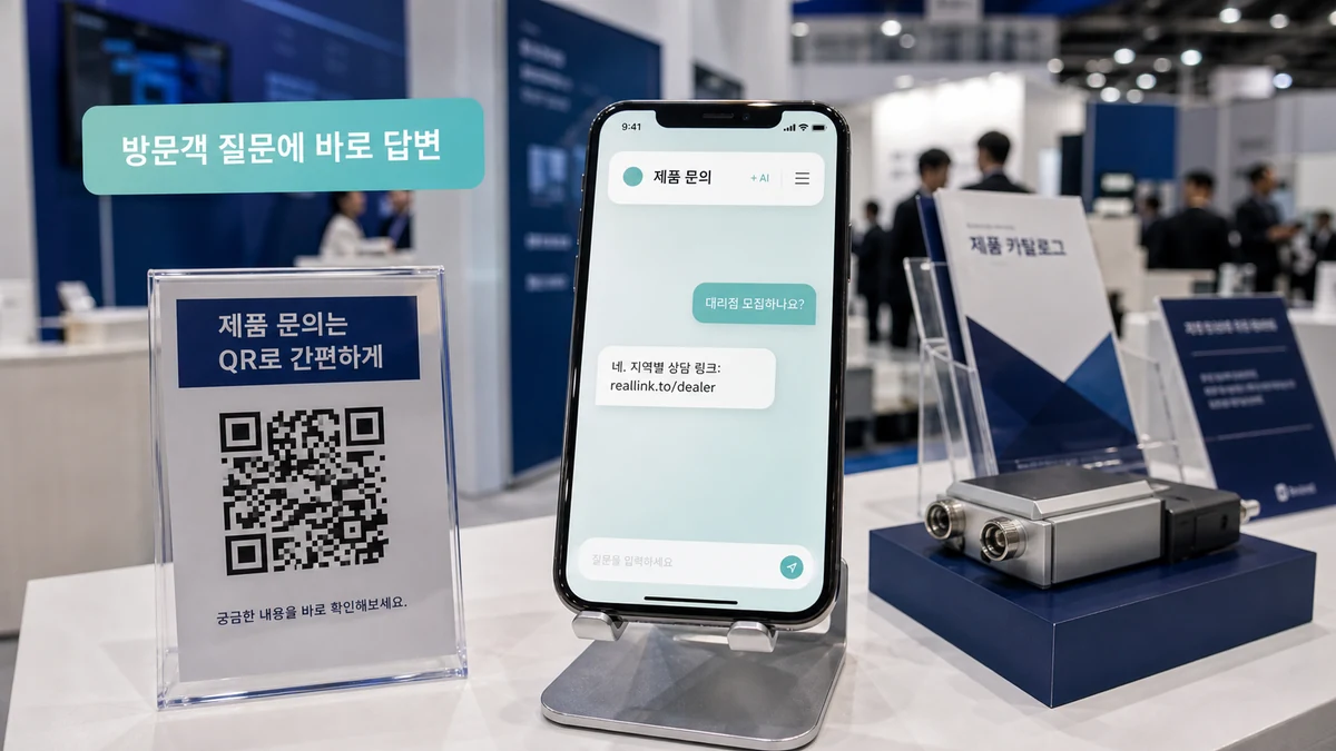 한국 박람회 부스에서 수출과 도매 문의를 QR코드 AI 답변 페이지로 안내하는 장면