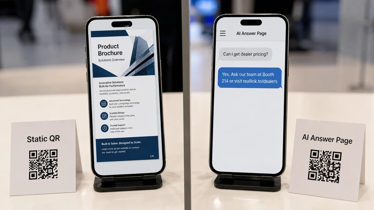 Static trade show QR code compared with an AI answer page that answers dealer pricing questions