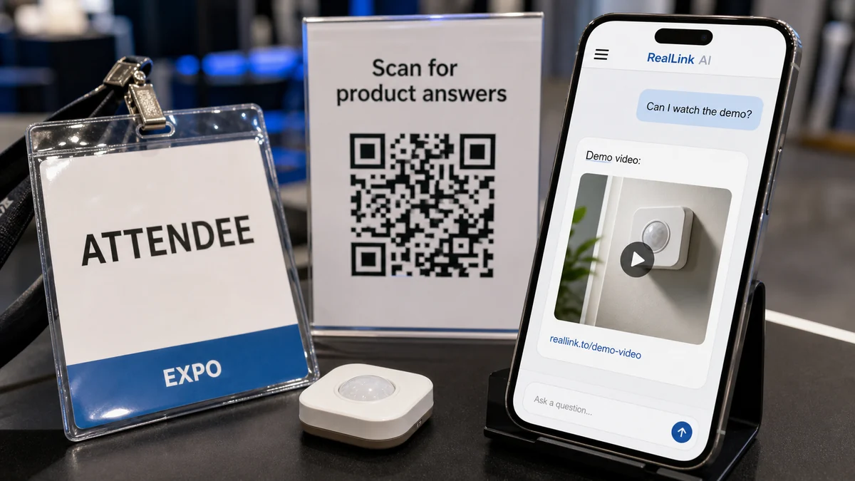 Trade show badge and QR code opening an AI answer page with a demo video and plain URL link