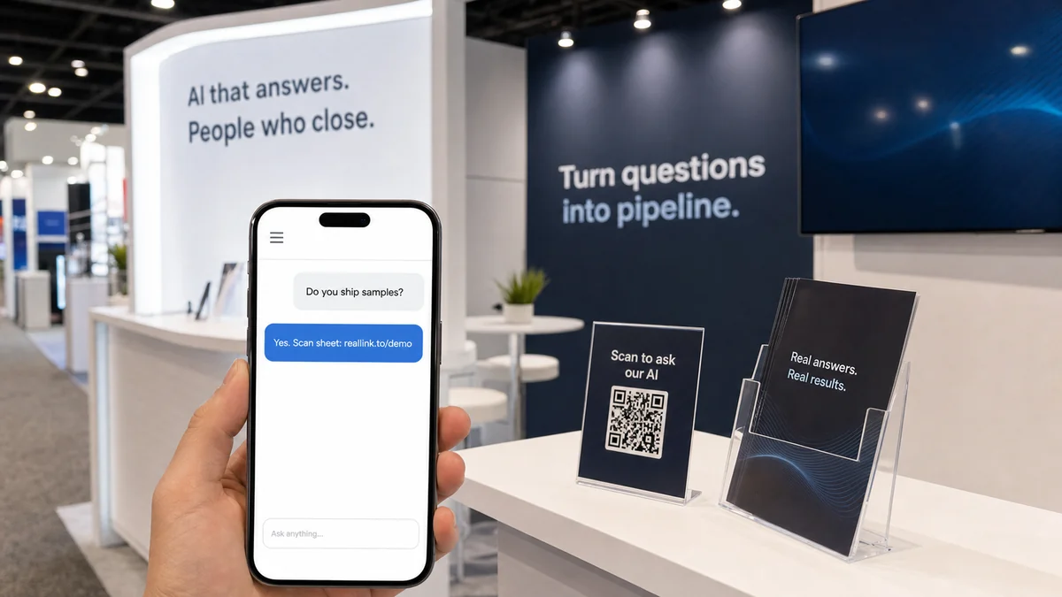 Trade show booth QR code beside a phone showing an AI answer page for product sample questions