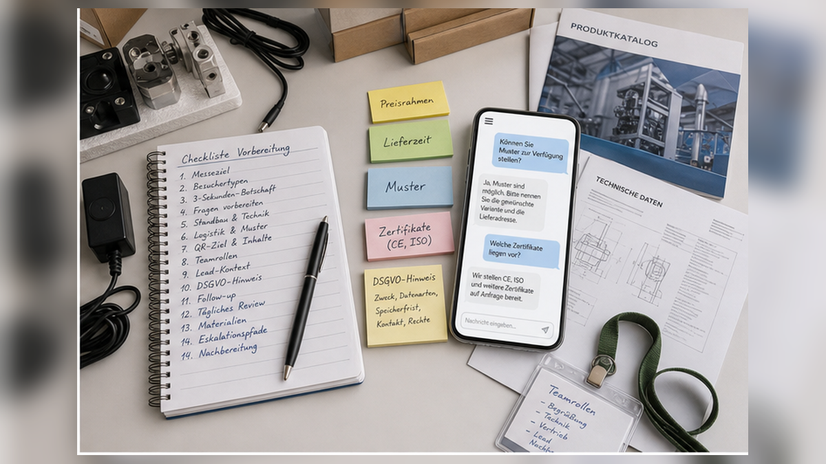 Messevorbereitung mit Katalogen, Lieferzeit, Preisrahmen und DSGVO-Notizen