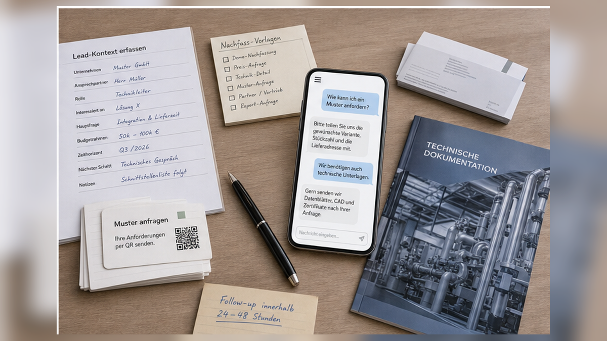 Messe-Follow-up mit Lead-Kontext, Mustern, technischen Unterlagen und Antwortseite