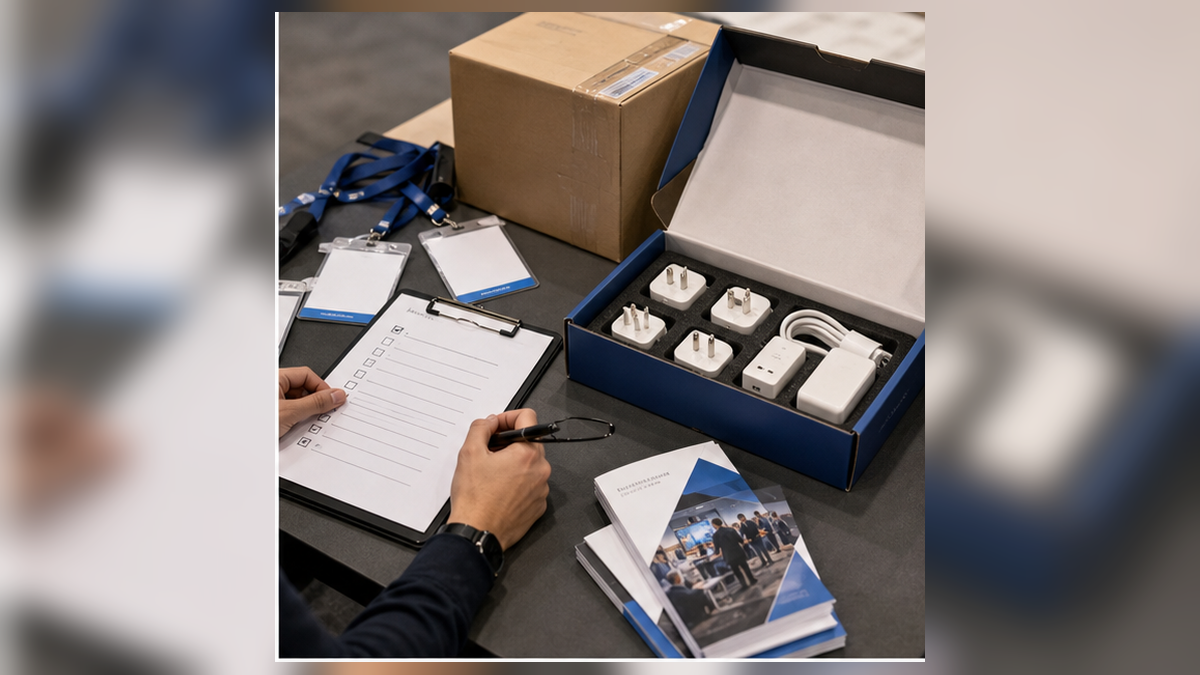Trade show checklist workspace with staff roles, adapters, catalogs, and sample boxes