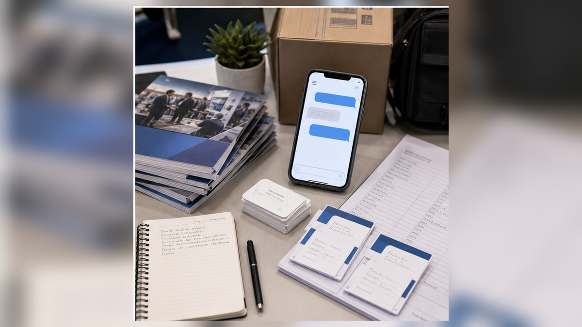 Post-show follow-up workspace with catalogs, note cards, and a phone answer page