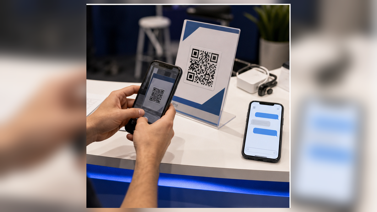 Trade show booth QR code being tested on a phone beside a RealLink AI answer page