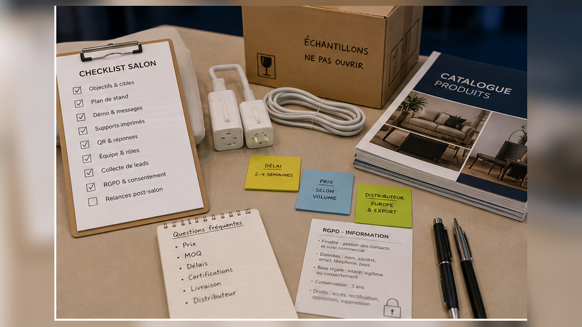 Préparation de salon avec catalogues, délai, prix, distributeur et note RGPD