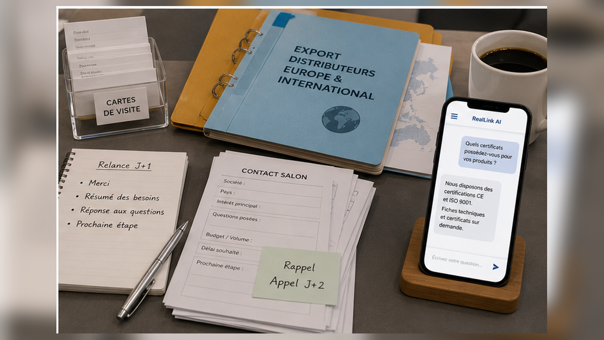 Relance post-salon avec cartes de visite, notes export et page de réponse RealLink AI
