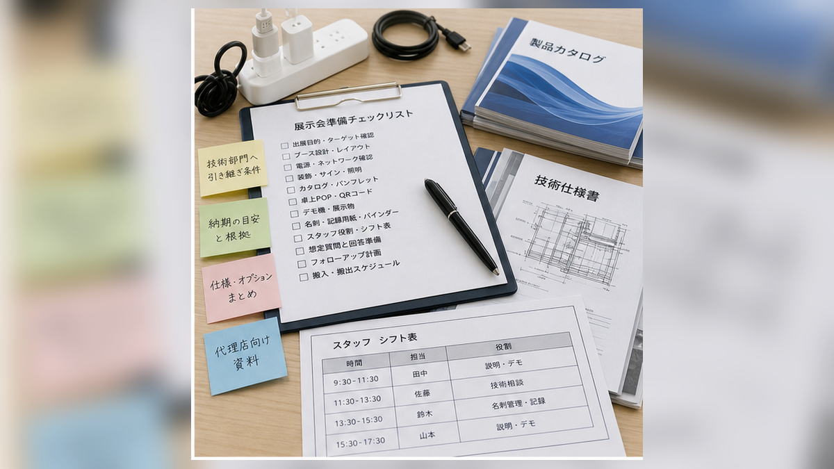 技術部門、納期、仕様、代理店のメモがある展示会準備デスク