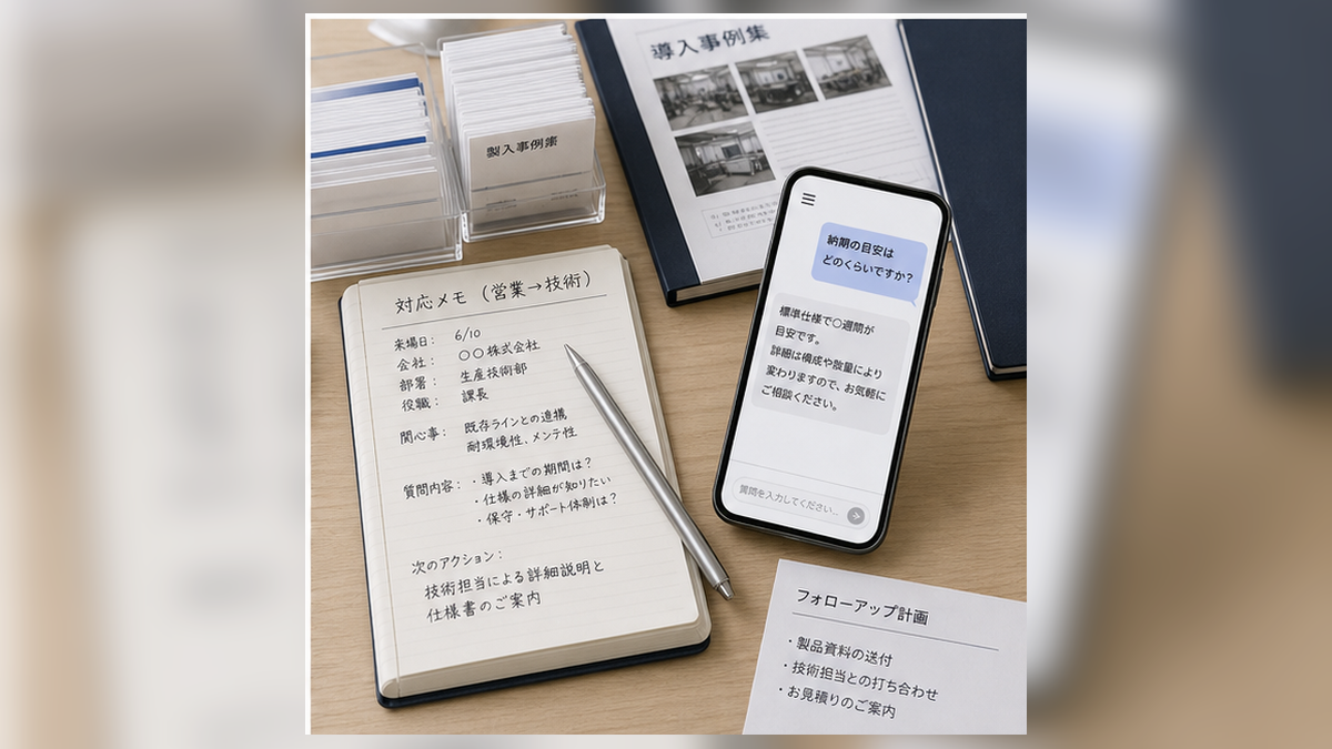 名刺、技術引き継ぎメモ、RealLink AI回答ページを使った会期後フォロー準備