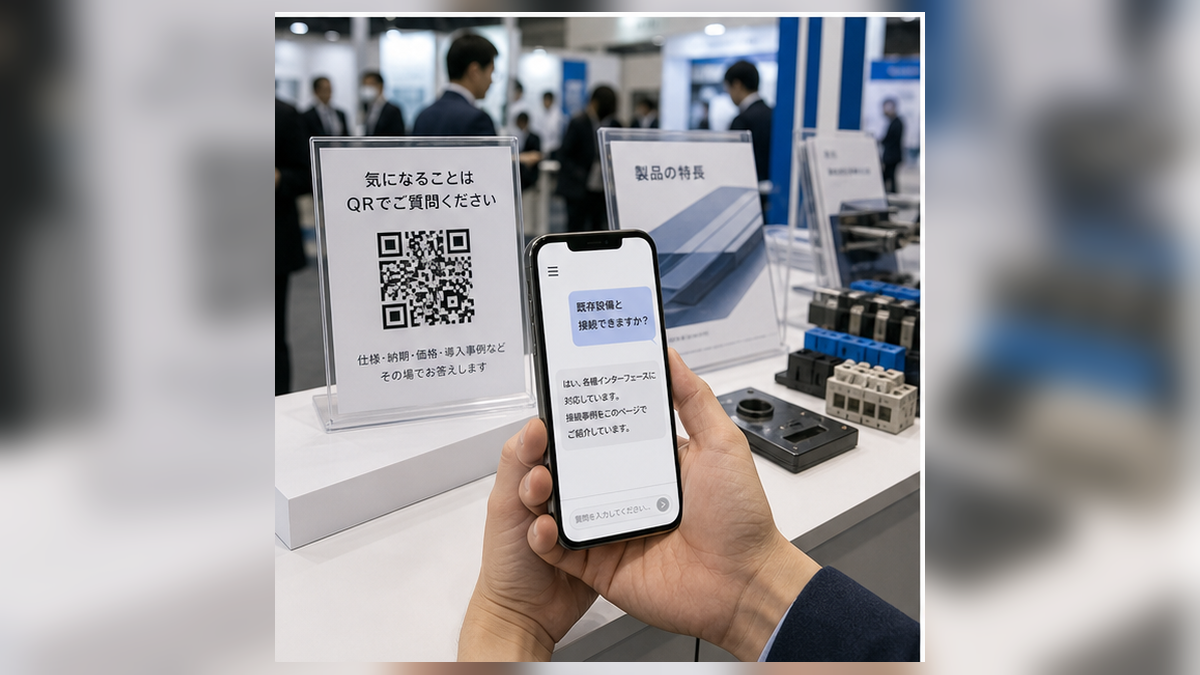 展示会ブースでQRコードをスマートフォンで確認している場面