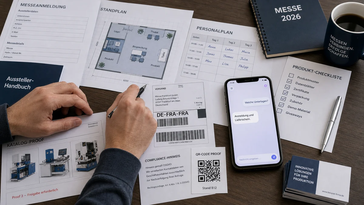 Messevorbereitung mit Anmeldung, Lieferpapieren, Standplan, Checkliste und QR-Code