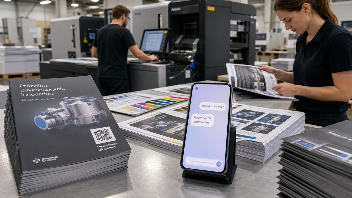 Deutsche Druckerei produziert Messekataloge mit QR-Code und Smartphone mit AI Answer Page