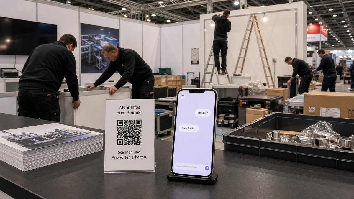 Messeaufbau in Deutschland mit QR-Schild und Smartphone mit RealLink AI Antwortseite