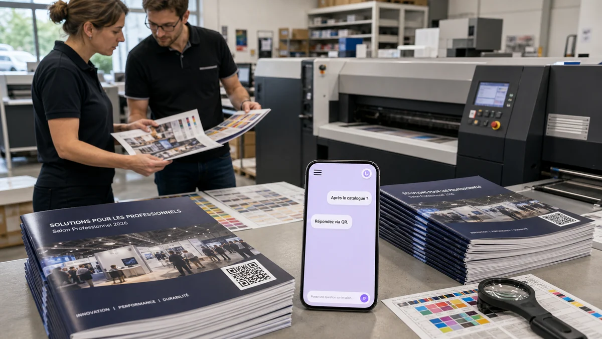 Imprimerie française produisant des catalogues de salon avec QR code et téléphone montrant une page de réponse IA