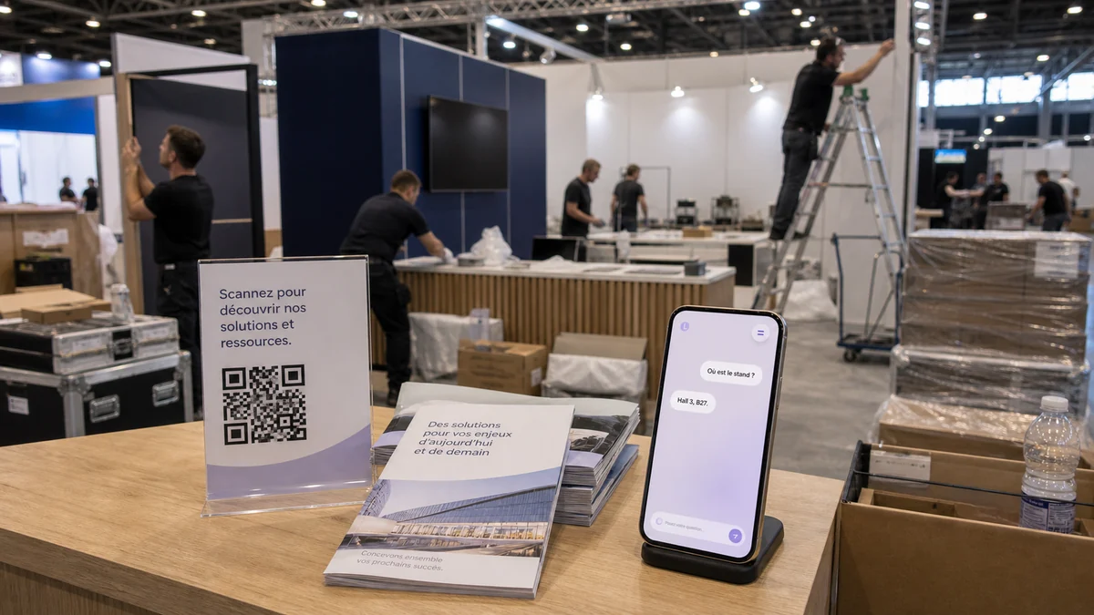 Montage de stand en France avec QR code et téléphone montrant une page de réponse RealLink AI