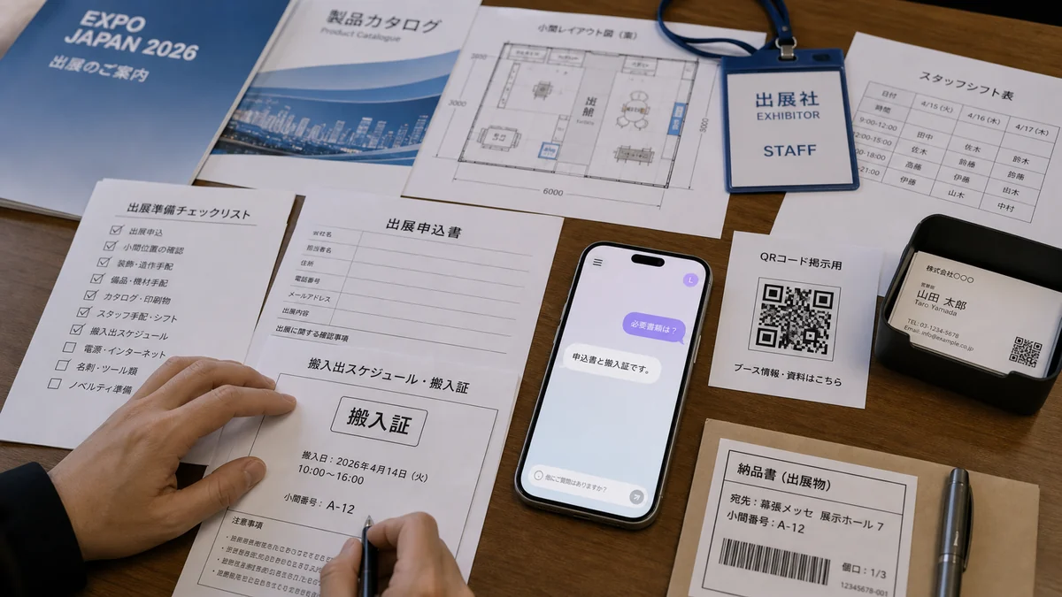 日本のオフィスで展示会申込書、搬入証、シフト表、QRコード案を準備する場面