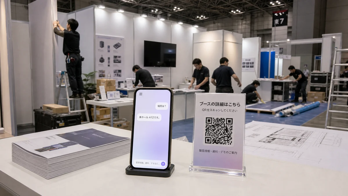 日本の展示会ブース設営中にQRサインとRealLink AI回答ページを表示するスマートフォン