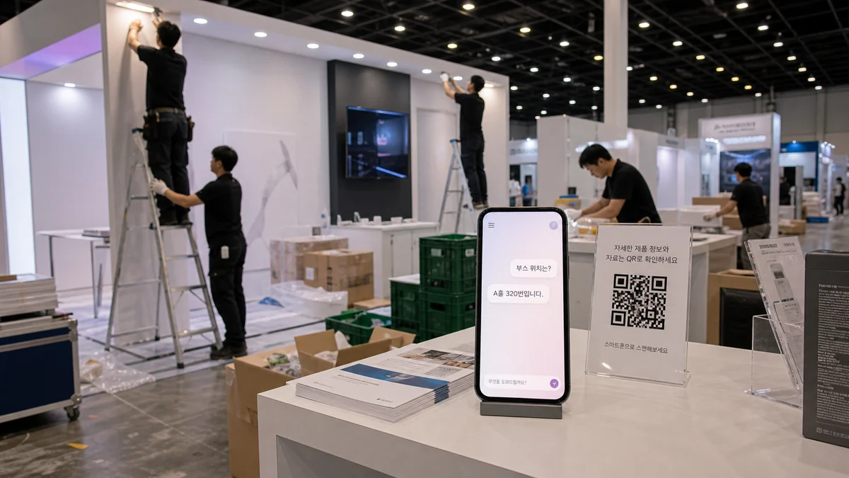 한국 전시회 부스 설치 현장에서 QR 안내판과 RealLink AI 답변 페이지를 보여주는 스마트폰