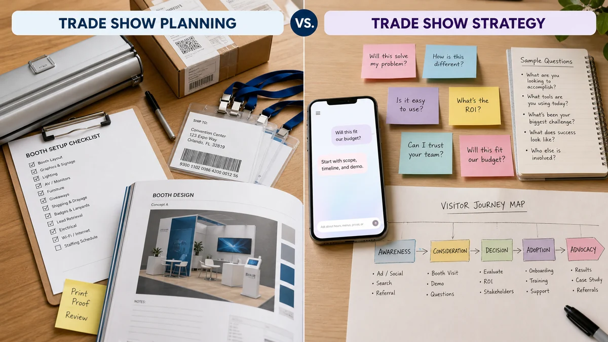 A trade show planning versus strategy workspace comparing checklists with visitor questions and a QR answer page