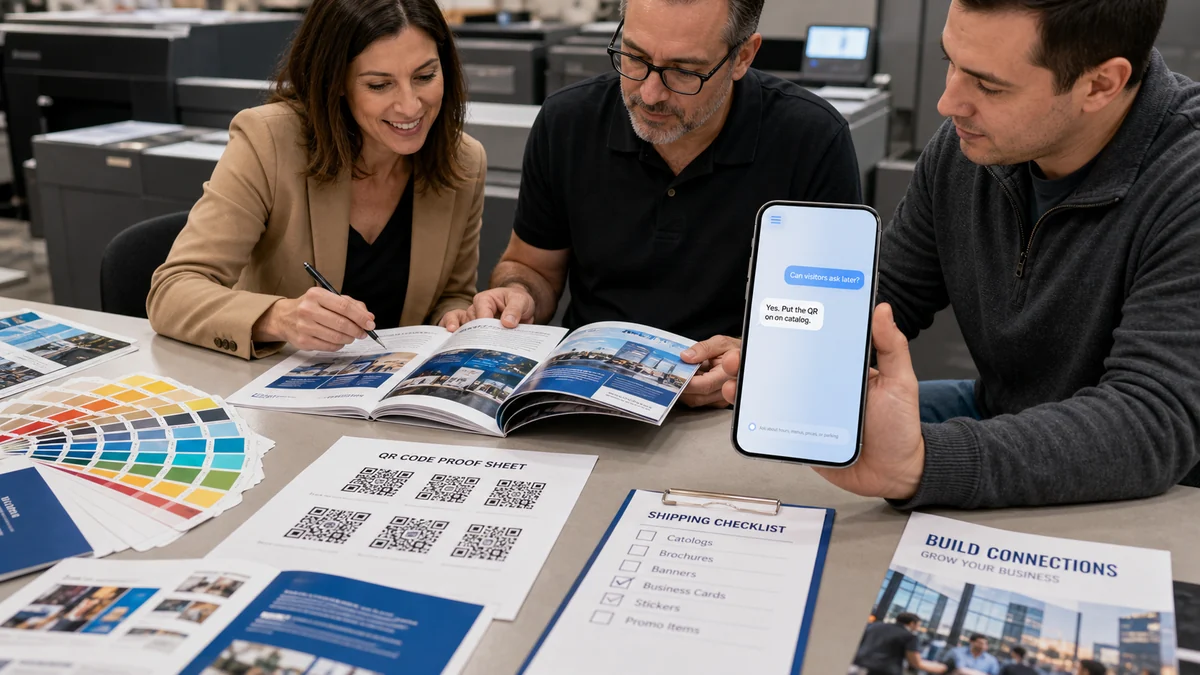 A print shop producing trade show catalogs with a QR code and a phone showing a RealLink AI answer page