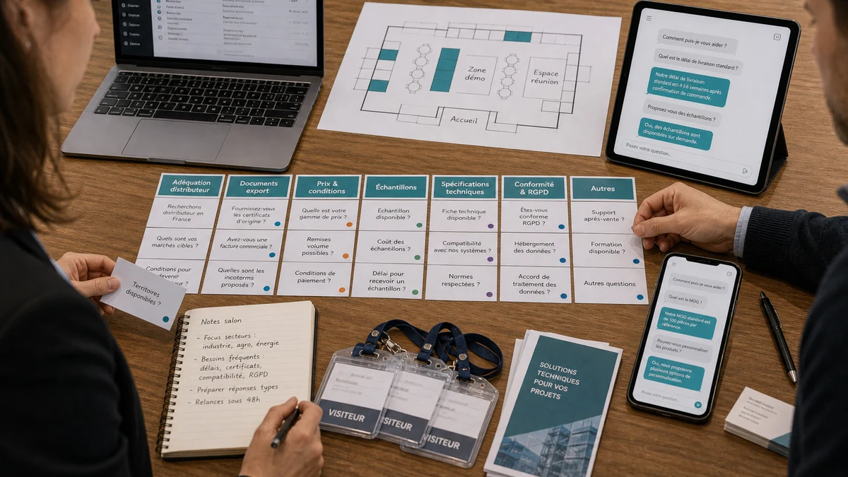 Carte de questions visiteurs avec parcours QR et notes de stand