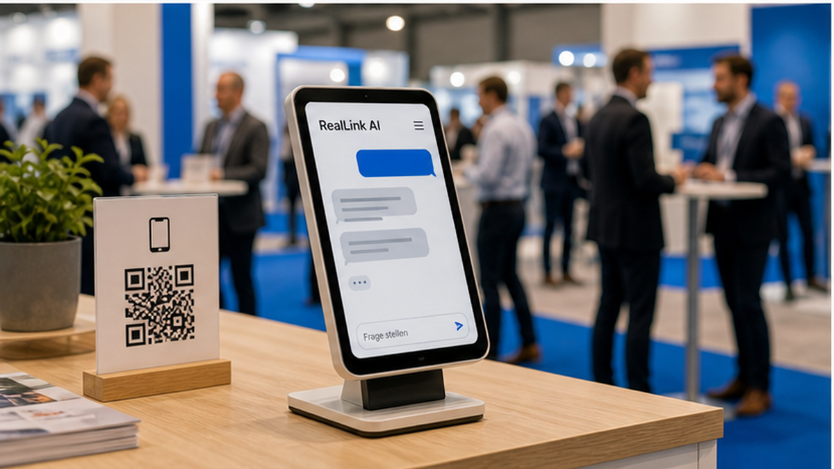 Self-Service AI Kiosk am Messe-Stand mit QR-Schild