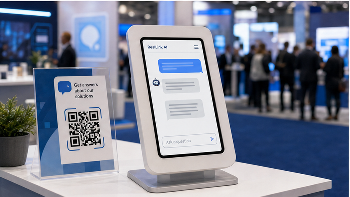 Self-service AI kiosk at a trade show booth with QR sign and answer page