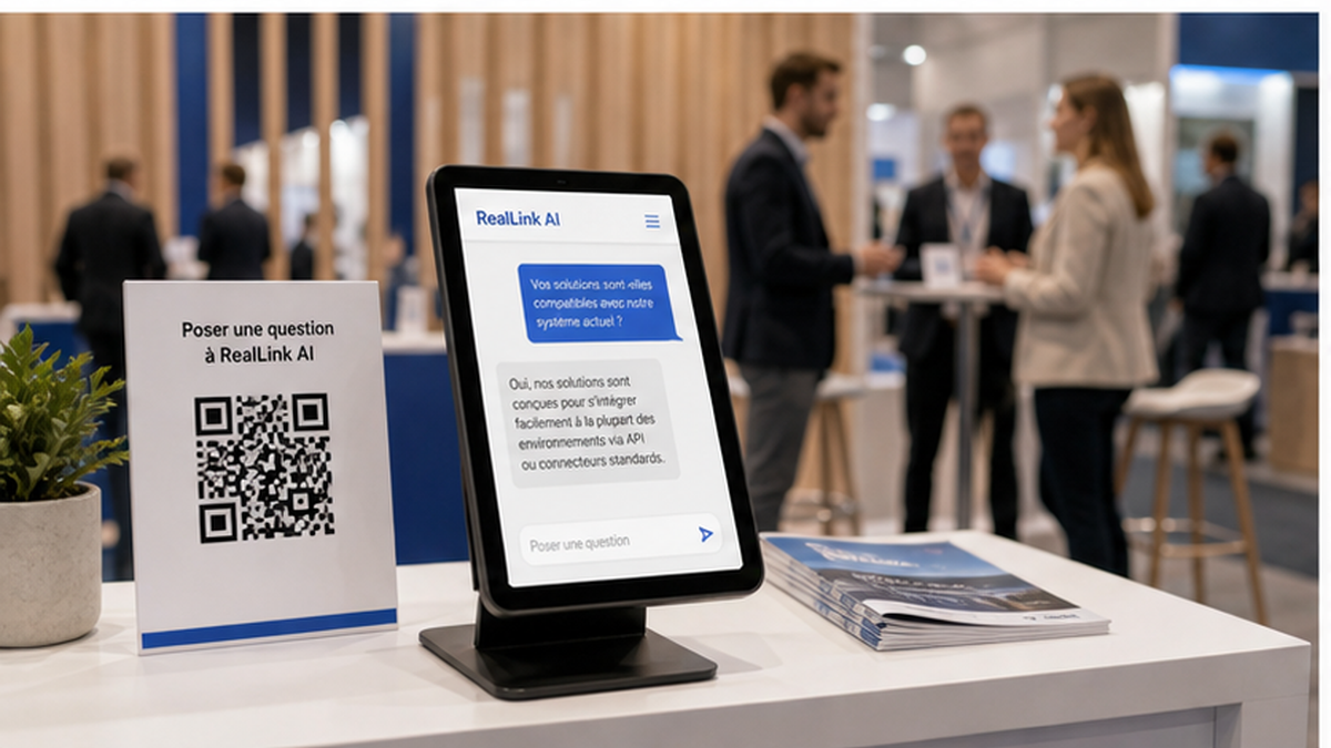 Kiosque IA self-service sur un stand avec QR code et page de réponse
