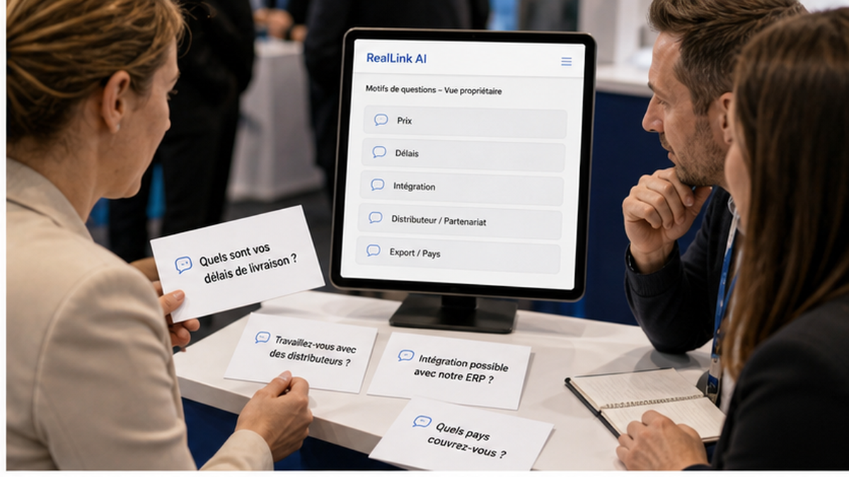 Équipe de salon analysant des cartes de questions visiteurs