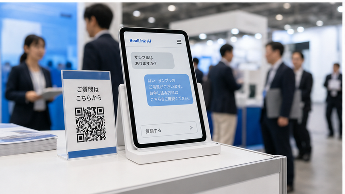 展示会ブースのセルフサービスAI回答ページとQRサイン