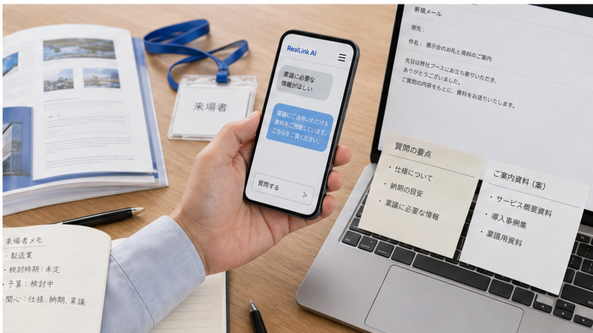 会期後に来場者質問をもとにフォローメールを準備する作業場