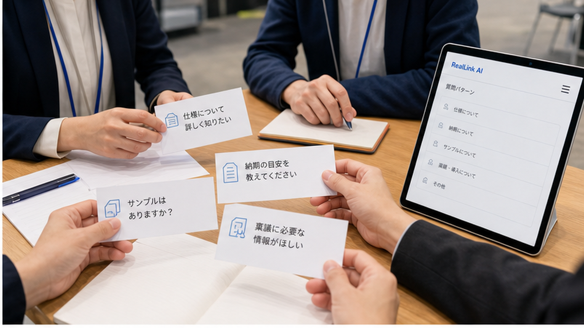 展示会チームが来場者の質問カードと質問パターンを確認する場面