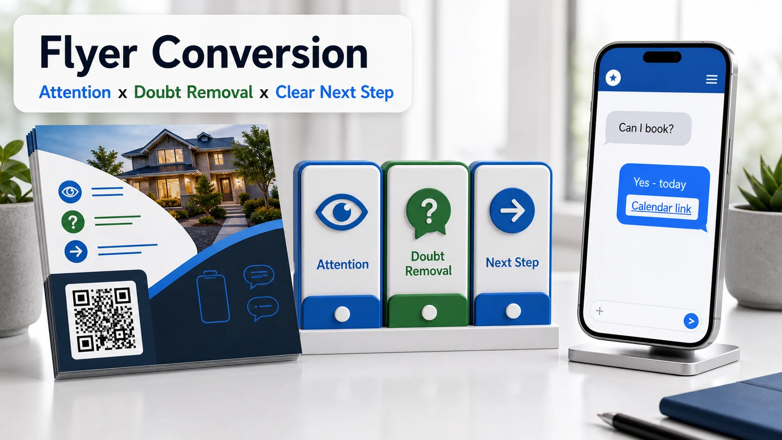 A visual formula showing flyer attention, doubt removal, and a clear next step leading to an AI answer page.