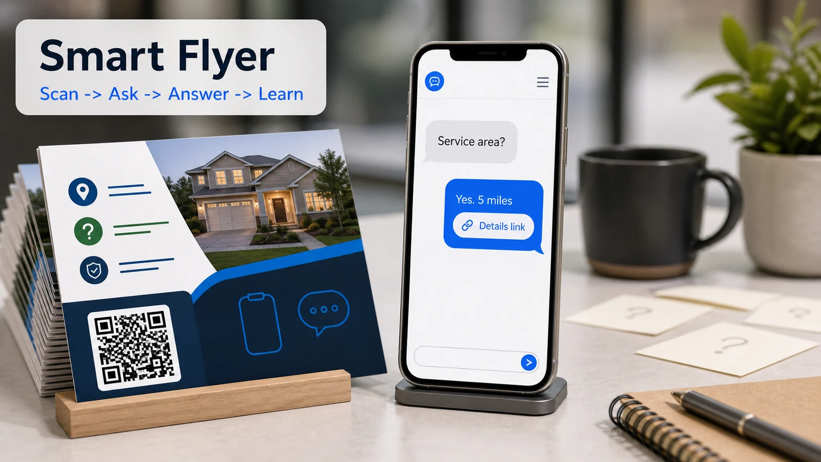A smart flyer with a QR code opening a speech-bubble AI answer page with an embedded details link.