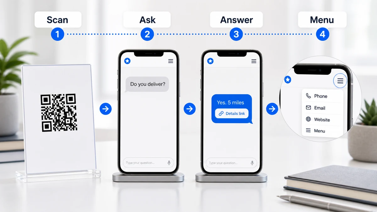 a product flow mockup showing scan ask answer and hamburger menu access from a QR code to an AI answer page