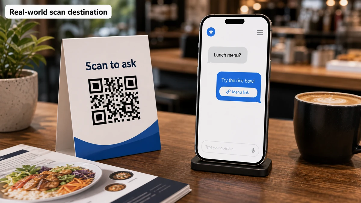 a restaurant counter showing a QR scan opening a speech-bubble AI answer page with an embedded menu link