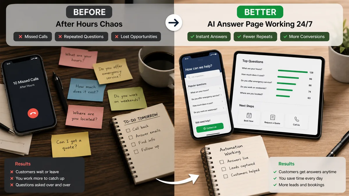 a before and better comparison showing missed after-hours calls versus an organized AI answer page workflow