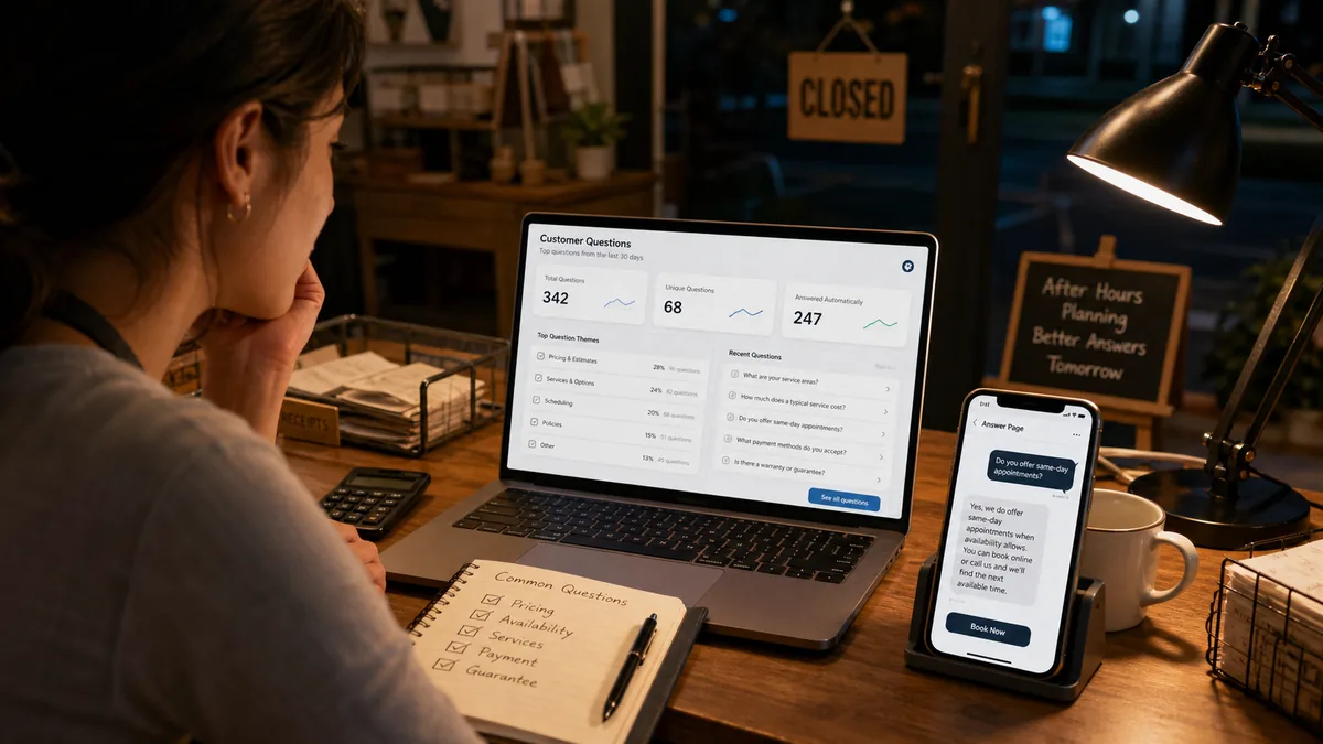 a small business owner reviewing repeated customer questions and AI answer page insights