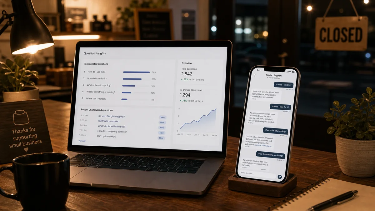 Small business owner reviewing repeated customer questions and AI answer page insights after hours