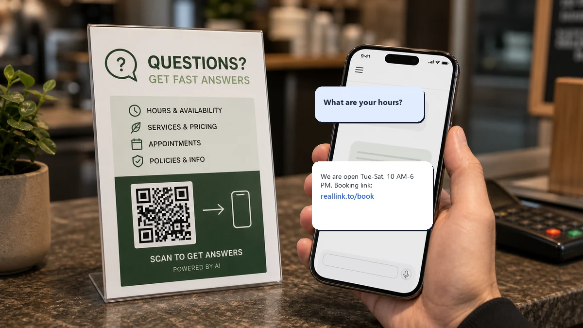 a QR scan opening an AI answer page that answers a repeated customer question with plain text and a URL