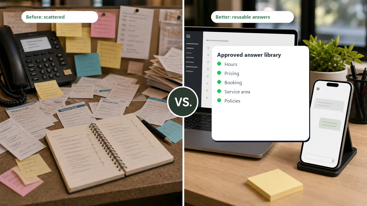 a comparison showing scattered repeated questions versus organized customer answers