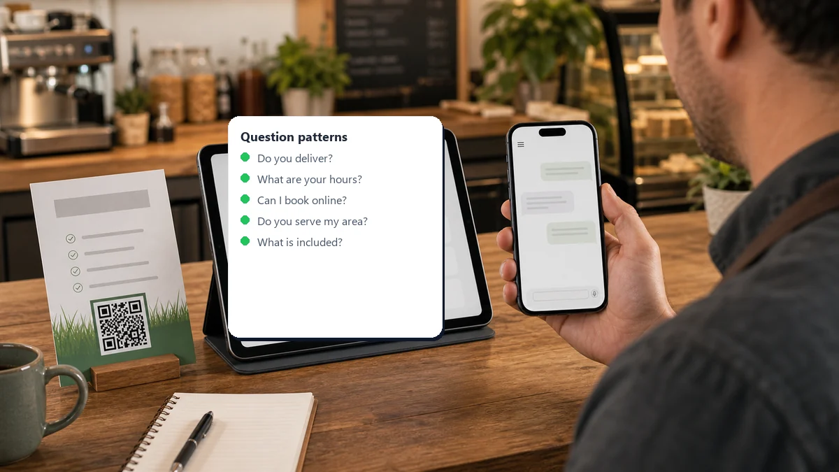 a small business owner reviewing repeated customer questions and AI answer page insights