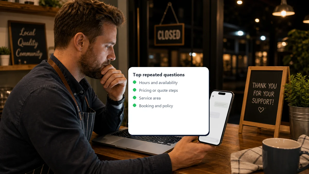 Small business owner reviewing repeated customer questions and AI answer page insights