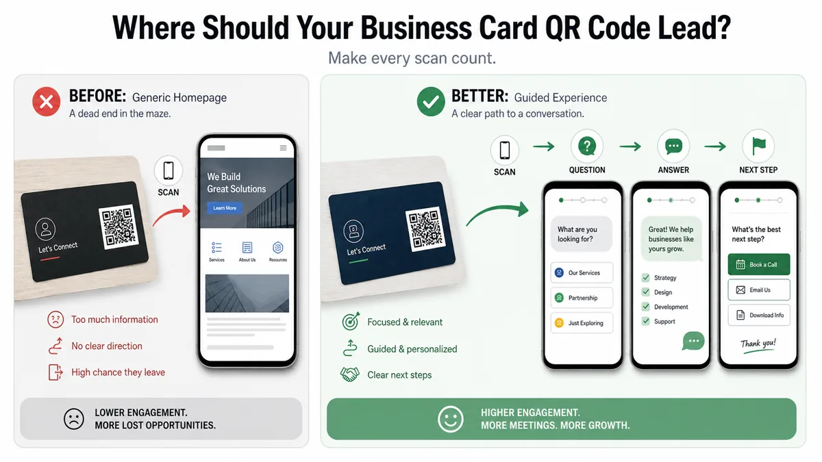 A comparison showing a business card QR code linking to a homepage versus an AI answer page